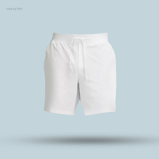 White Lululemon Zeroed In Linerless Short 7" with a drawstring waist, featuring a minimalist design curated by Luxe by Kan.