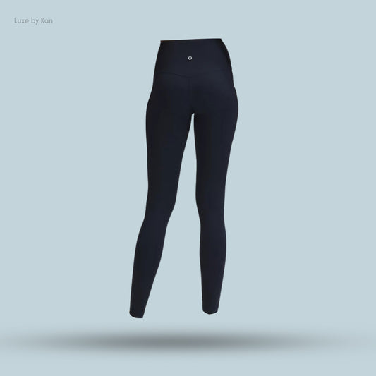 High-waisted black Lululemon leggings featuring a sleek, form-fitting design.