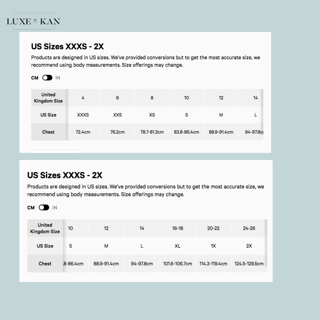 Size chart for US and UK clothing conversions, displaying UK sizes 4-26 and corresponding US sizes XXS-2X with chest measurements.