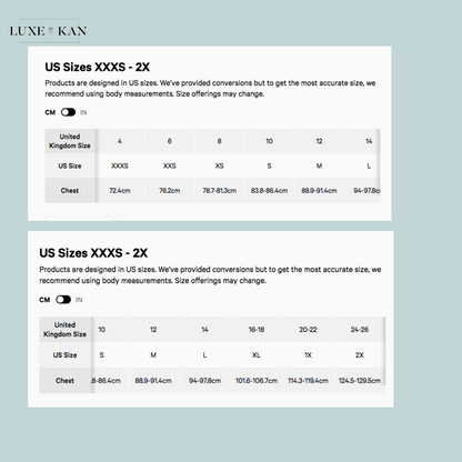 Size chart for US and UK clothing conversions, displaying UK sizes 4-26 and corresponding US sizes XXS-2X with chest measurements.