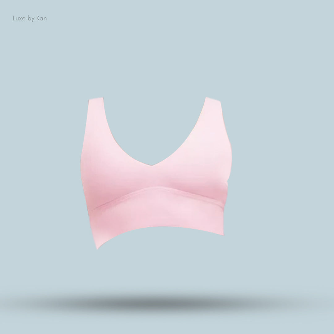 Light pink Lululemon seamless bralette featuring a V-neck design.