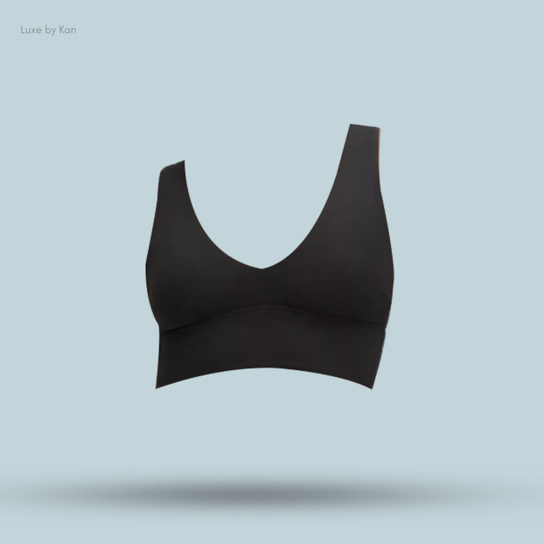A sleek black bra with a deep V-neck and wide straps.