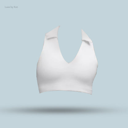 A stylish white halter top with a deep V-neck and collar.