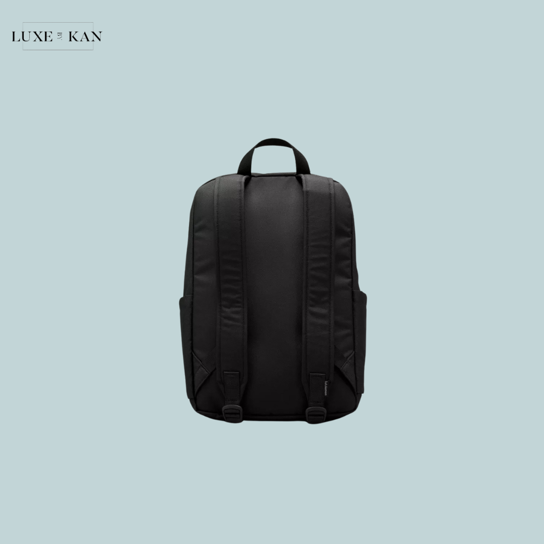 A black backpack with two padded shoulder straps and side pockets.