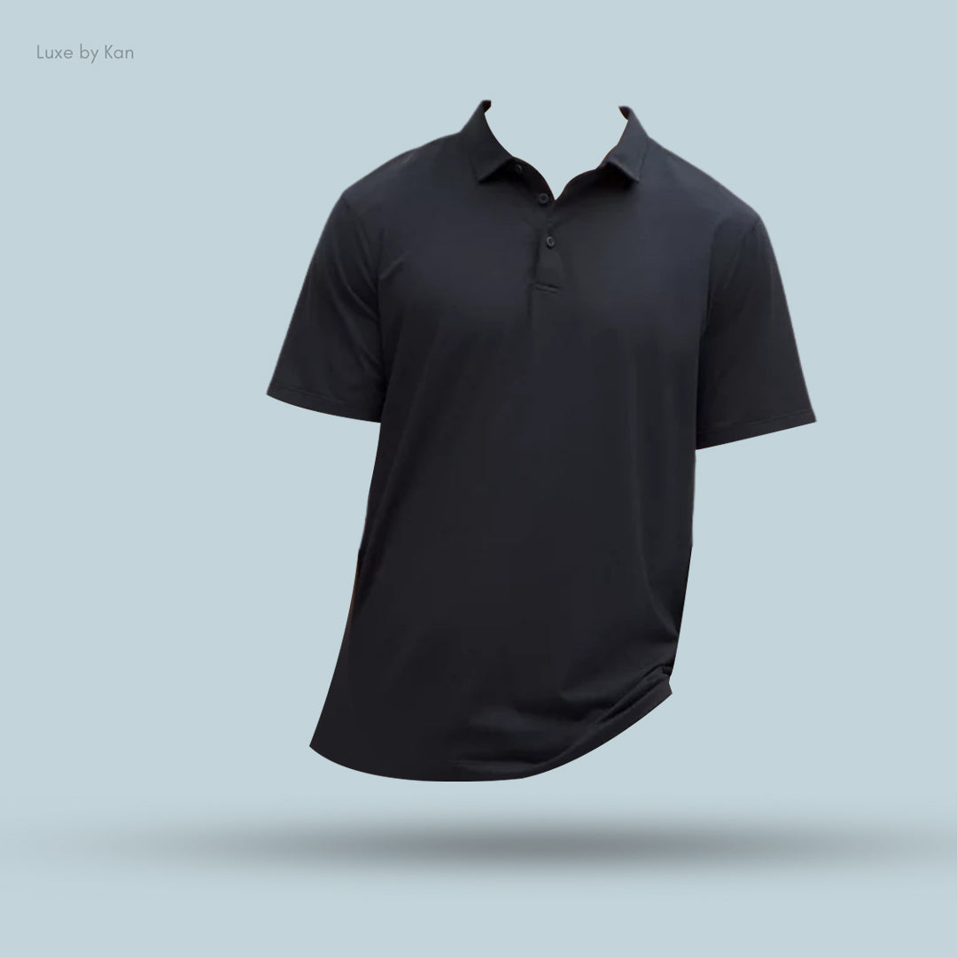 A black short-sleeve polo shirt displayed floating against a light blue background, showcasing its sleek design.