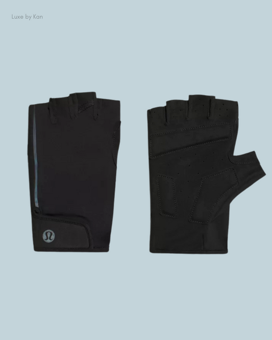 A pair of black Lululemon License to Train Training Gloves featuring a sleek design and a subtle logo.