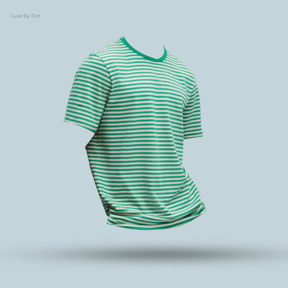 A striped green and white short-sleeve t-shirt floating against a light blue background, showcasing a casual style. 