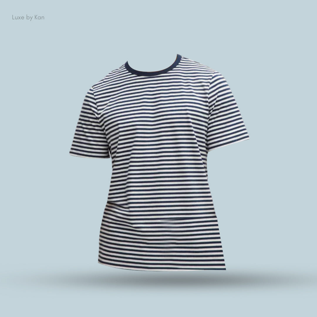 A striped short-sleeve t-shirt with a navy blue neckline, displayed against a light blue background, featuring no visible model.