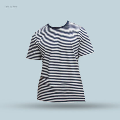A striped short-sleeve t-shirt with a navy blue neckline, displayed against a light blue background, featuring no visible model.
