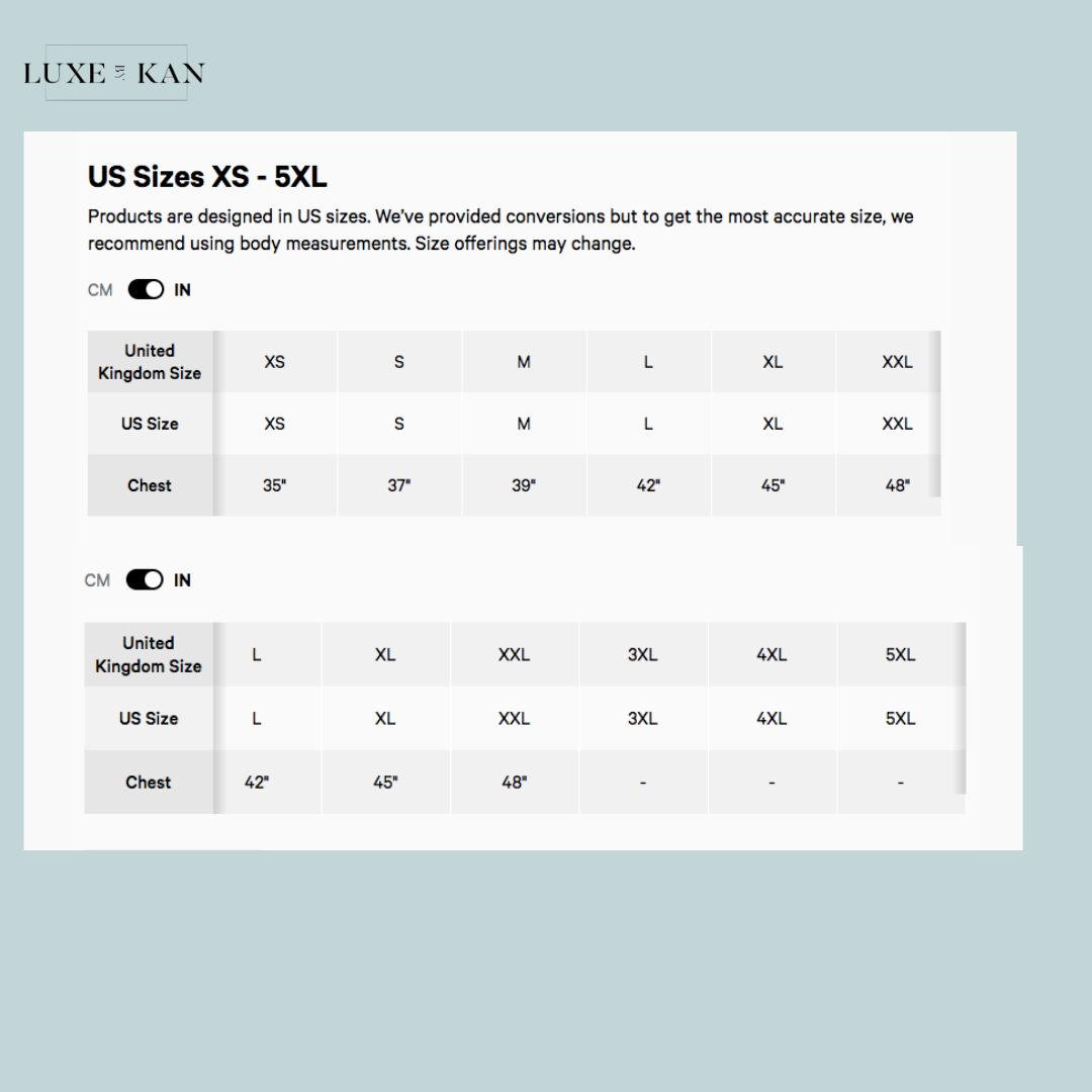 Lululemon size conversion chart for US sizes XS to 5XL, including chest measurements in inches for UK and US sizing.