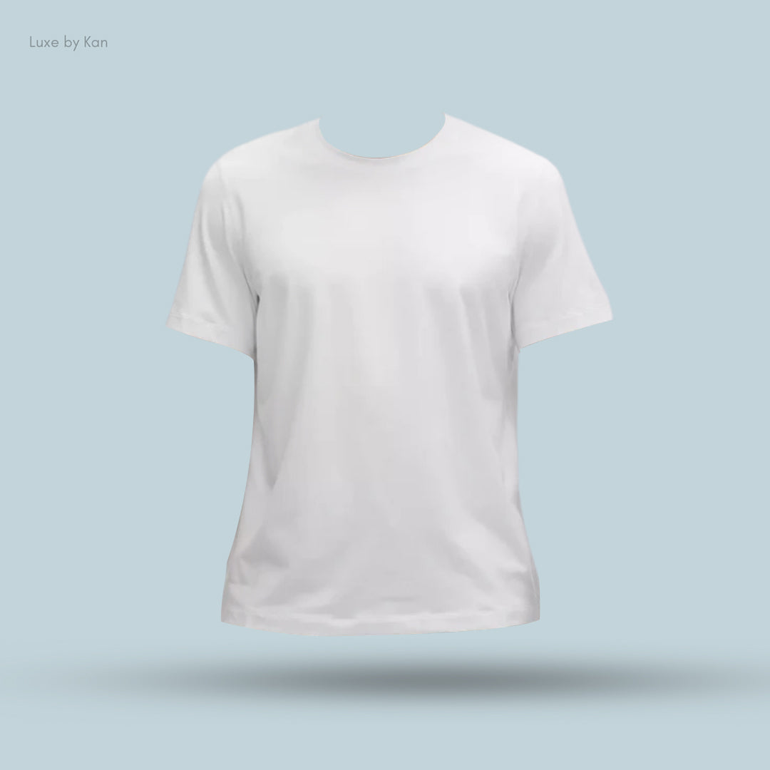 A plain white t-shirt displayed on a light blue background, featuring a round neckline and short sleeves, with no visible model.