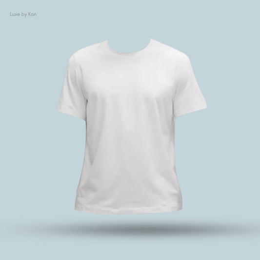 A plain white t-shirt displayed on a light blue background, featuring a round neckline and short sleeves, with no visible model.