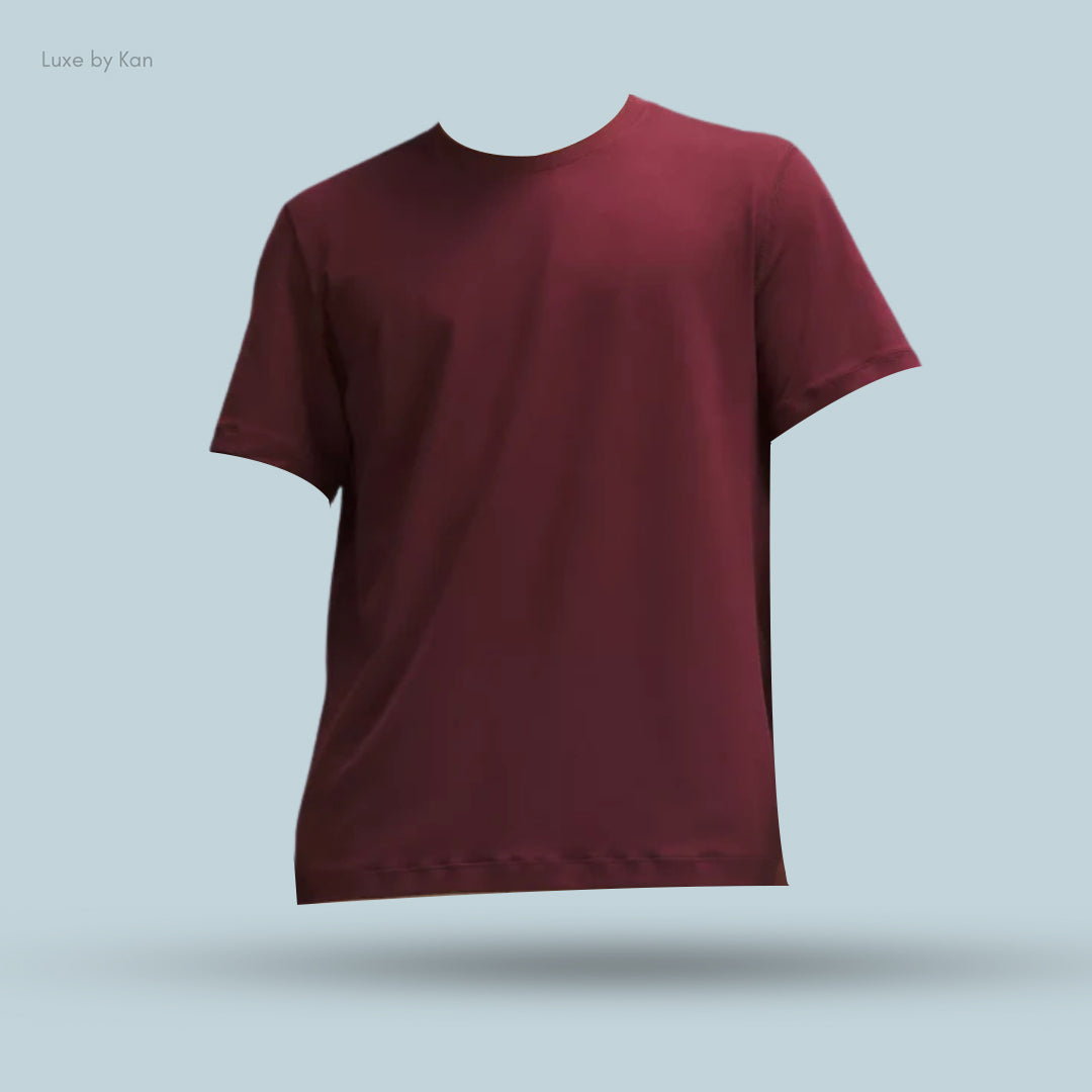 A maroon lululemon soft jersey short-sleeve t-shirt, emphasizing its simple, modern design.