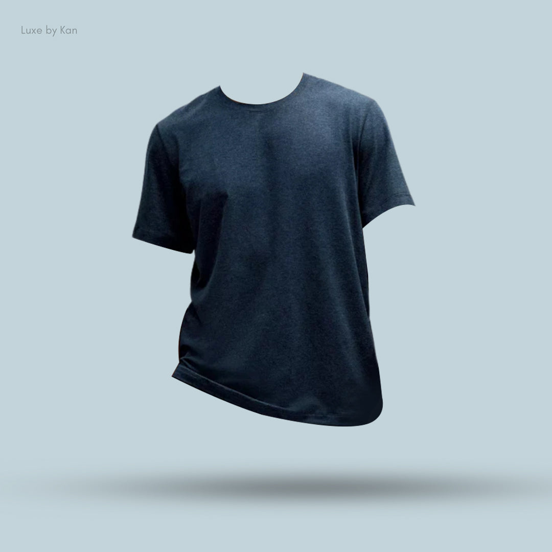A levitating dark gray Soft Jersey Short-Sleeve T-Shirt with a round neckline, crafted for a sleek, modern, and minimalist look.