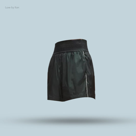 Black Lululemon Stretch Satin Nylon Super-High-Rise 5" Shorts, featuring an elastic waistband and white side piping.