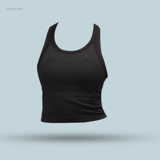 A black Lululemon Swiftly Tech Cropped Racerback Tank Top 2.0, emphasizing its sleek design.