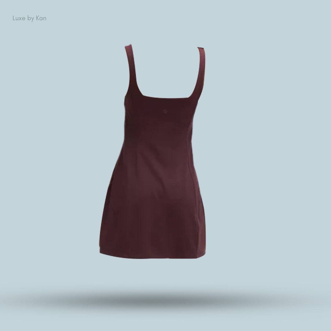 Lululemon burgundy sleeveless dress with a square neckline, featuring a sleek and minimalist design.