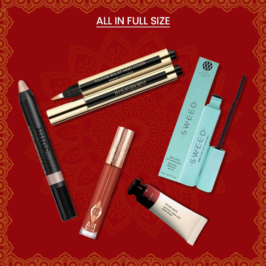 Lbk diwali party essentials edit including YSL Touche Eclat, Marc Jacobs eyeliner, Airbrush lipstick, Sweed mascara, and Cloud Paint blush.