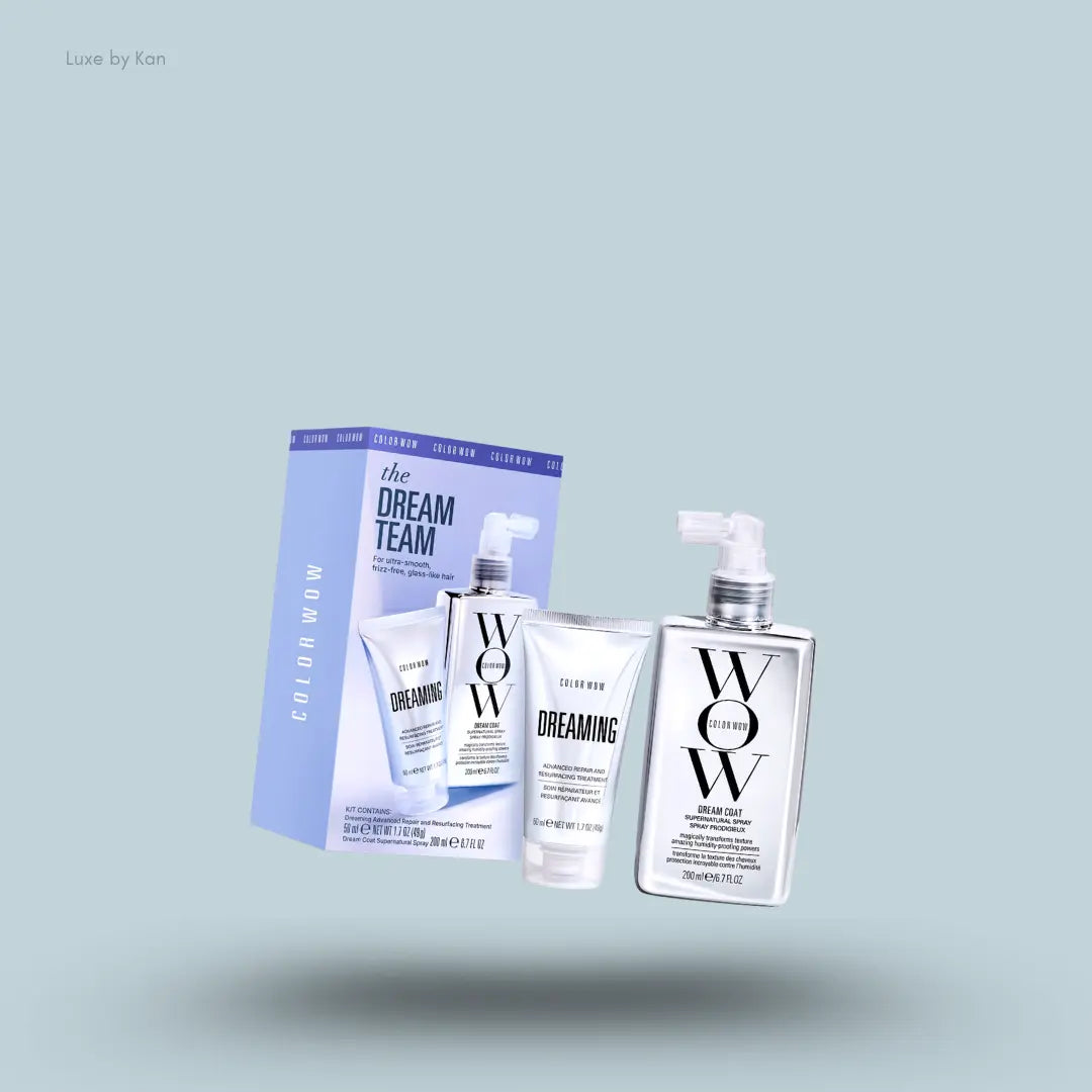 Color Wow The Dream Team Kit – two haircare products with packaging on blue background