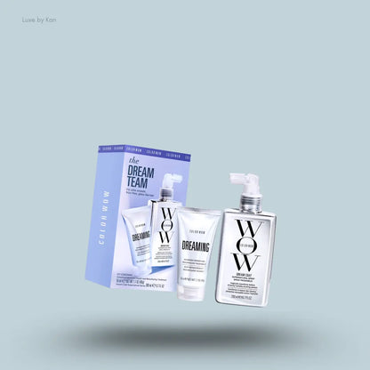 Color Wow The Dream Team Kit – two haircare products with packaging on blue background