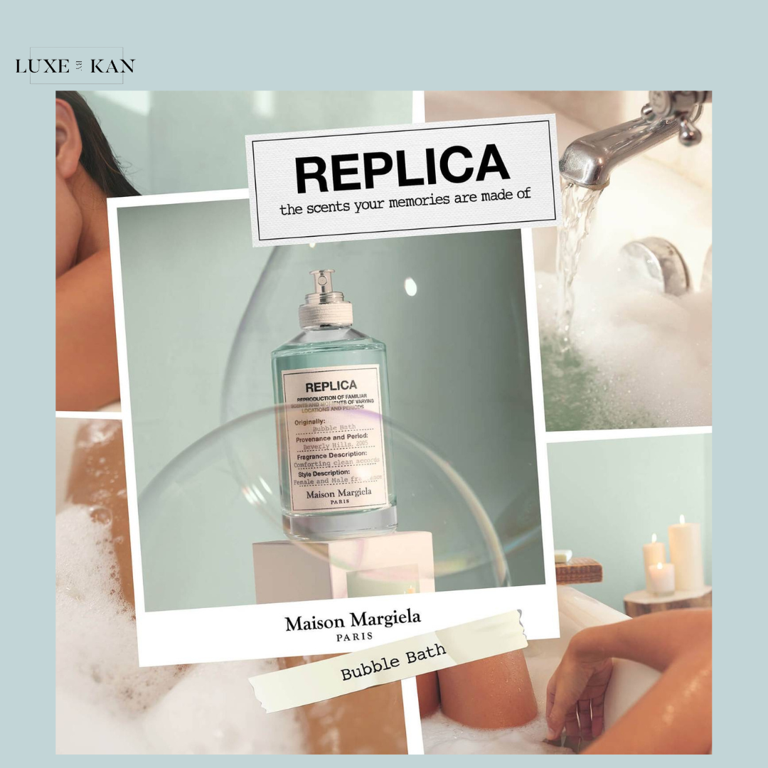 Stylish display of Maison Margiela's "Bubble Bath" fragrance, surrounded by soothing bath scenes and soft lighting.