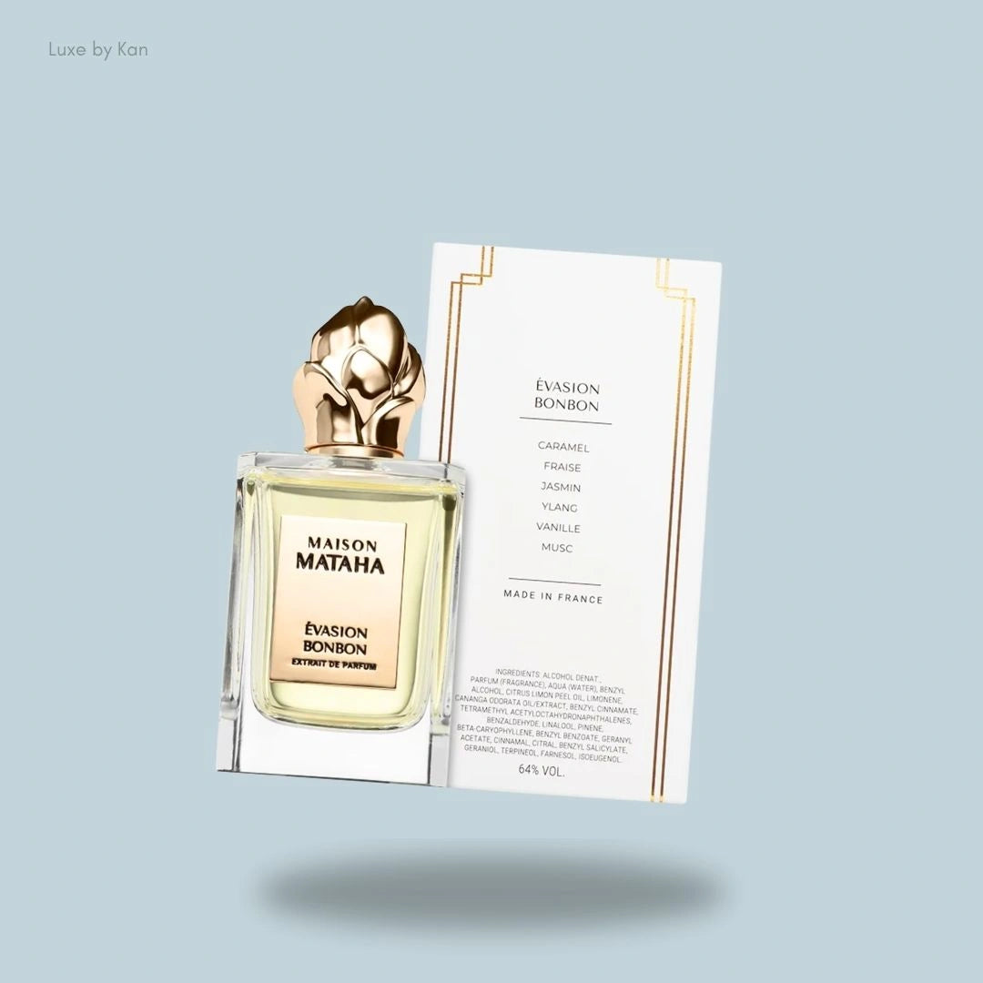 Maison Mataha Évasion Bonbon extrait de parfum in the clear bottle with a gold flower top beside the fragrance notes list card.
