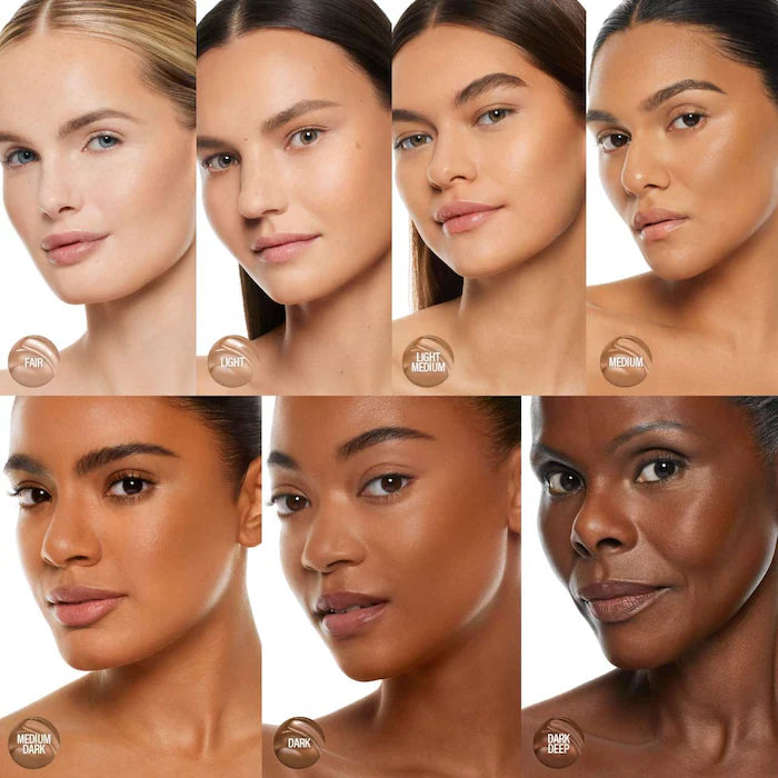 A grid of six skin tones displayed on women's shoulders, labeled Medium Dark, Dark, and Dark Deep.