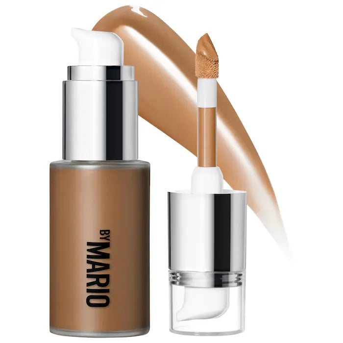 A brown foundation bottle with a pump, accompanied by a concealer wand and a creamy swatch, all labeled "makeup by Mario."