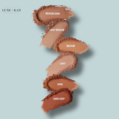 A gradient of six foundation shades labeled Light, Medium, Dark, Medium Dark, Light Medium, and Dark Deep against a pastel blue background.