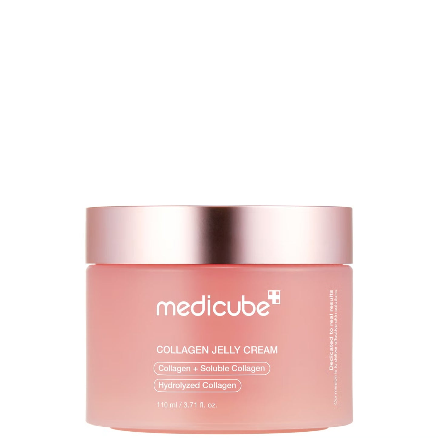 A pink jar of Medicube Collagen Jelly Cream with a shiny rose gold lid is centered against a clean white background.