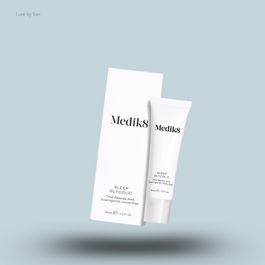Medik8 Sleep Glycolic Overnight Peel packaging, featuring a white tube and box.