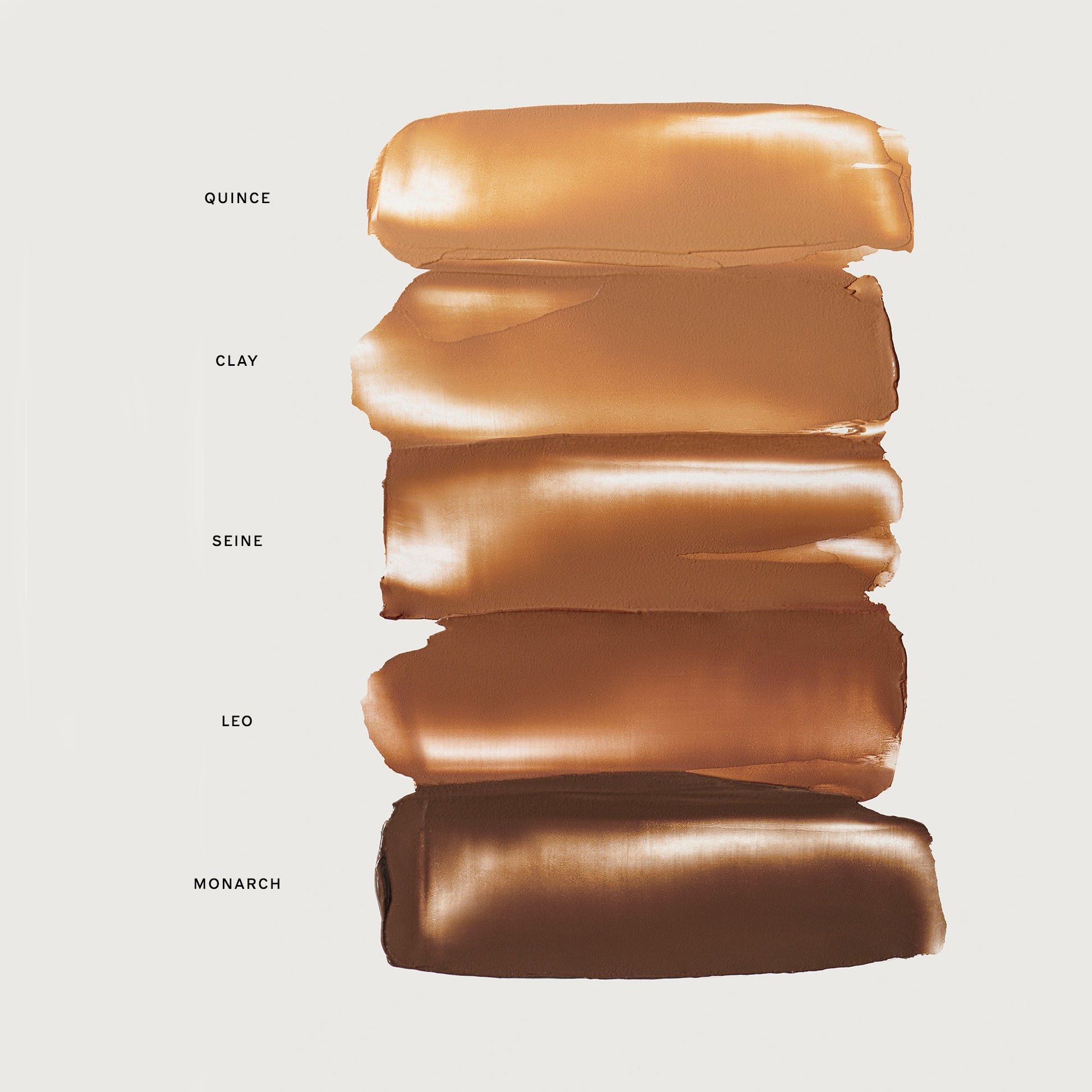 Five swatches of warm brown paint labeled Quince, Clay, Seine, Leo, and Monarch.