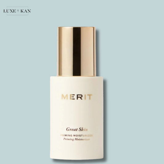 Merit Great Skin Priming Moisturizer in a sleek white bottle with a gold cap.