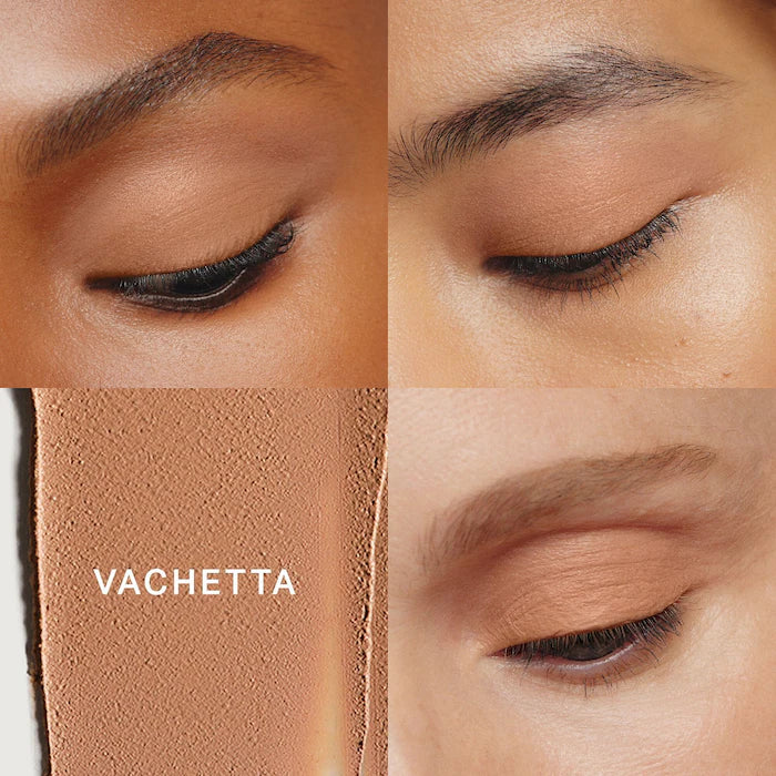 Close-up of various skin tones and makeup products, highlighting a textured foundation case with the label "VACHETTA."