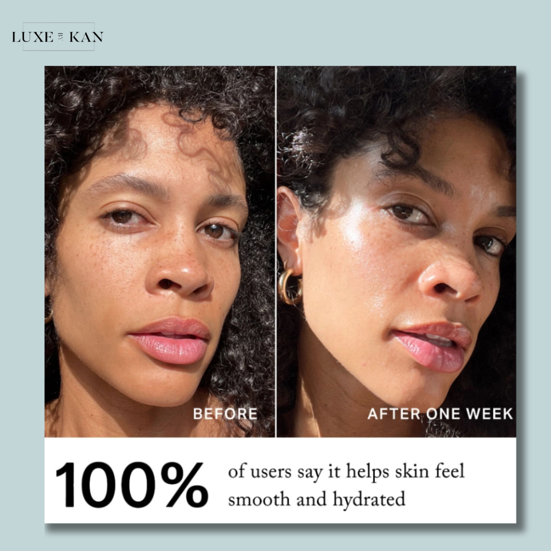 Image compares skincare results: left shows "Before," right shows "After one week," with a note stating 100% user satisfaction.