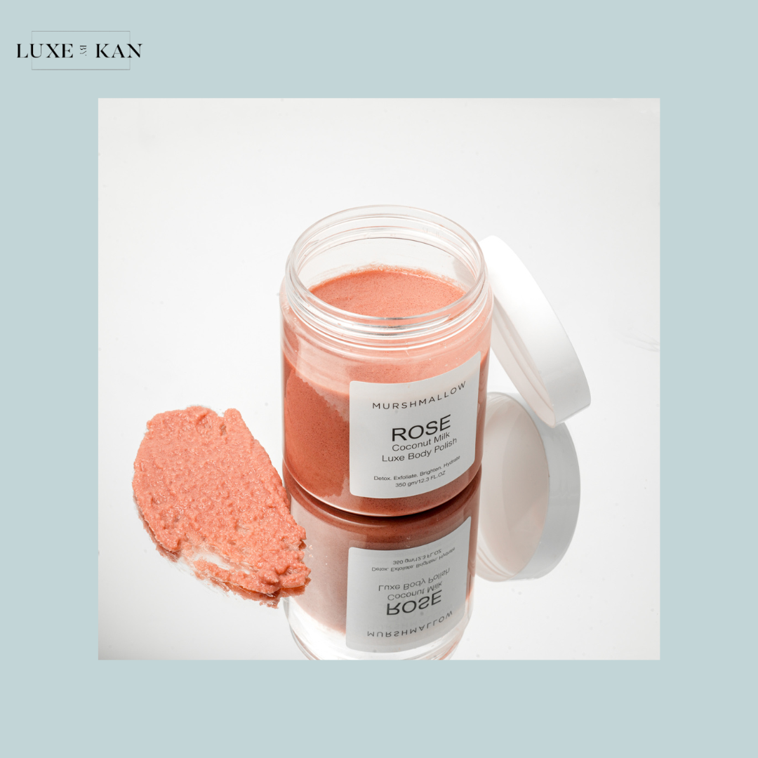 A glass jar of Murshmallow Rose Coconut Milk Luxe Body Polish.