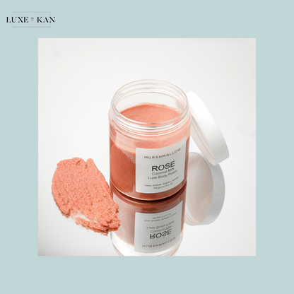 A glass jar of Murshmallow Rose Coconut Milk Luxe Body Polish.