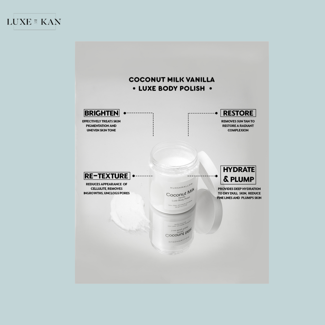 Murshmallow Coconut Milk Vanilla Luxe Body Polish highlighting benefits: brighten, restore, re-texture, hydrate and plump skin.