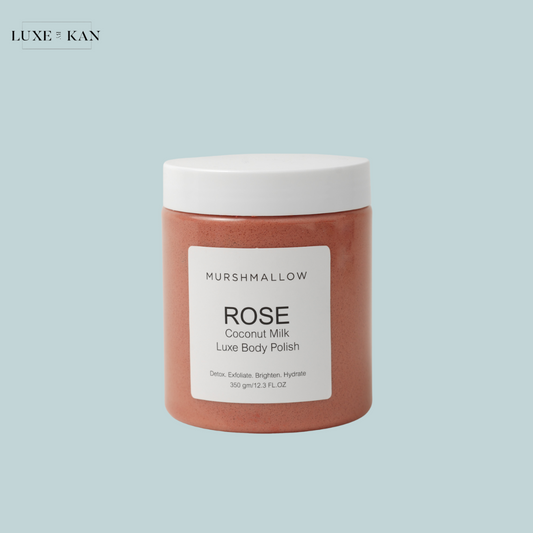 A jar of Murshmallow Rose Coconut Milk Luxe Body Polish with a white lid.