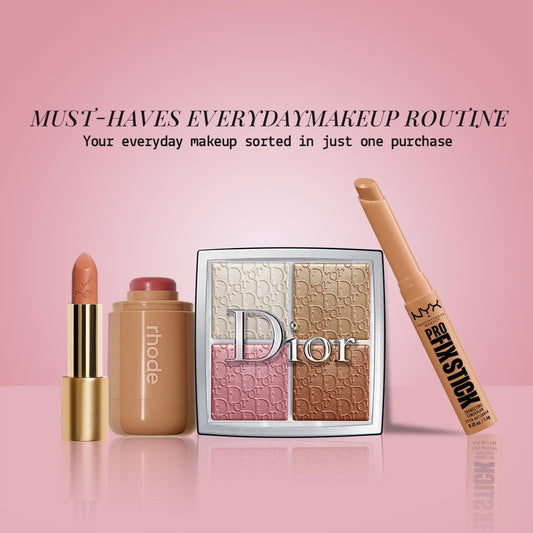 Must-haves makeup routine featuring Dior, Rhode, and NYX products displayed on a reflective pink background.