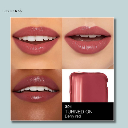 A beauty product collage showcasing lip colors and swatches on various skin tones with a soft.