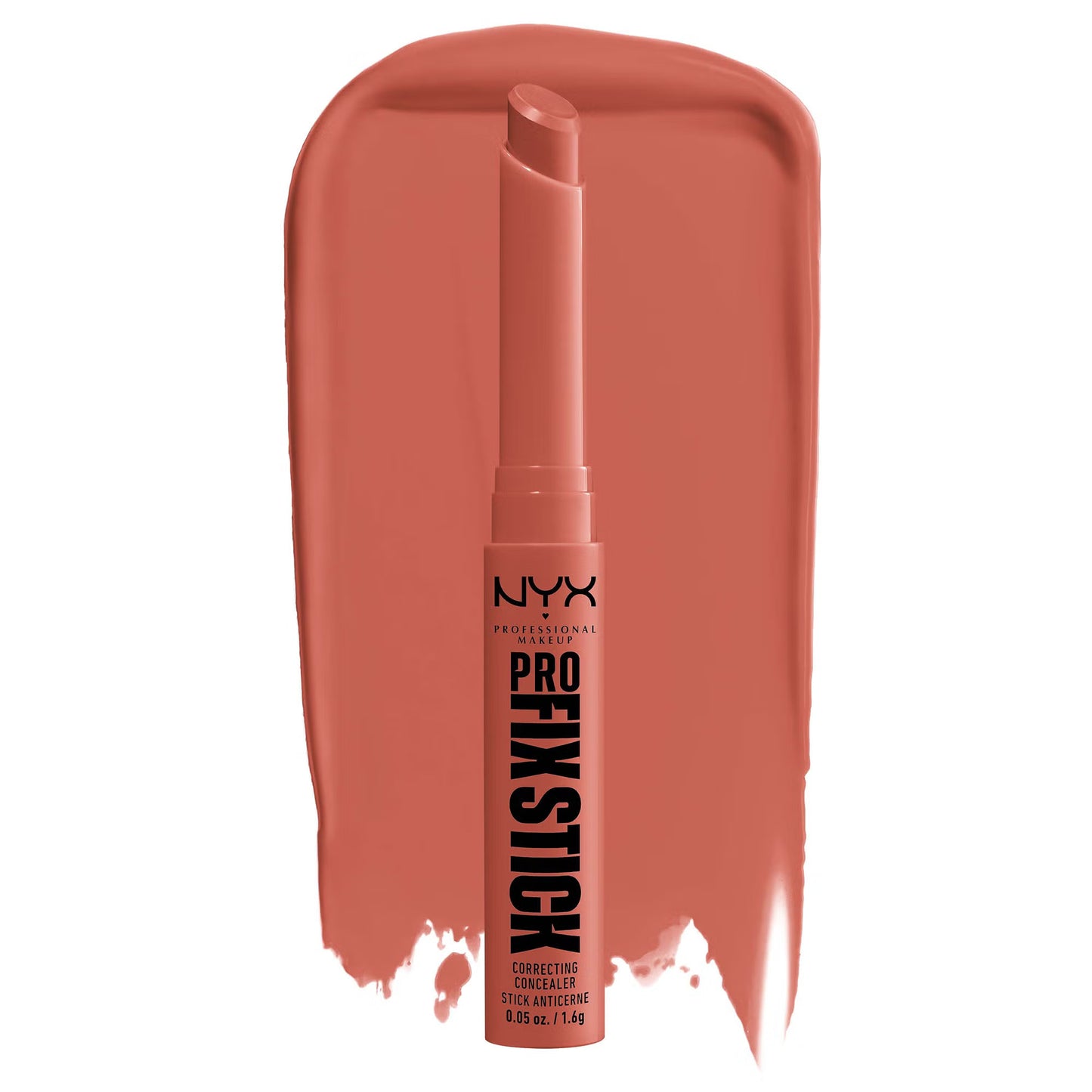 The NYX Cosmetics Pro Fix Stick Correcting Concealer in a peach tone sits on a matching swatch of the product.