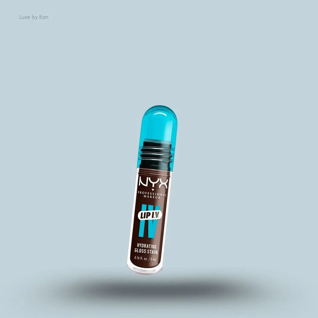 NYX Makeup Lip IV Hydrating Gloss Stain bottle on blue background — Luxe by Kan India