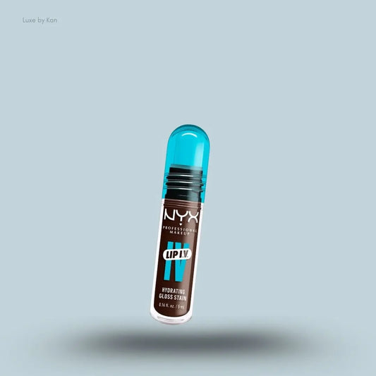 NYX Makeup Lip IV Hydrating Gloss Stain bottle on blue background — Luxe by Kan India