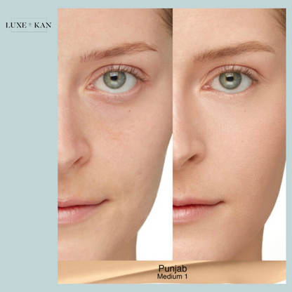 A close-up of a female model’s face showcasing flawless skin with a light, natural look.