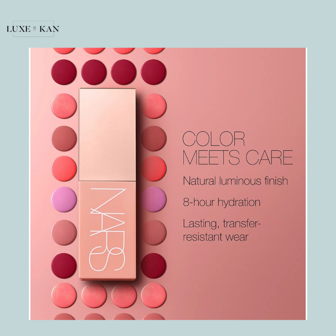 NARS product displayed with vibrant lipstick shades surrounding it, highlighting benefits: hydration, luminous finish, and transfer resistance.