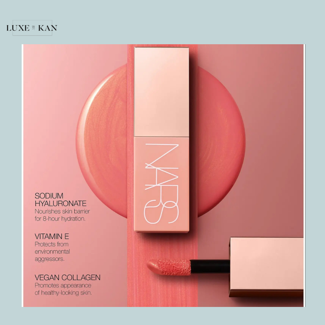 NARS lip product on a soft pink background, showcasing benefits: Sodium Hyaluronate, Vitamin E, and Vegan Collagen for healthy skin.