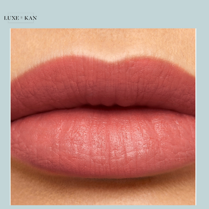 Close-up of full, matte lips in a soft pink shade with a smooth texture, framed by a light blue background, labeled "Luxe x Kan."