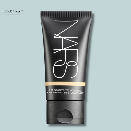 Black tube of NARS Pure Radiant Tinted Moisturizer spf30 pa+++ with white text and golden band.