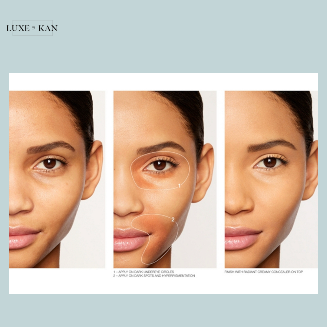 Nars skincare product application guide featuring steps for targeting dark under-eye circles and dark spots, branded with Luxe & Kan logo.